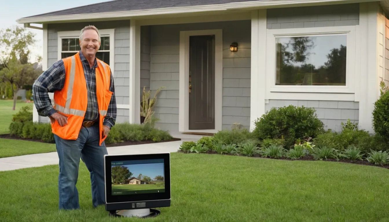 Friendly sewer line provider showing a homeowner a camera inspection screen in a front yard near Kansas City